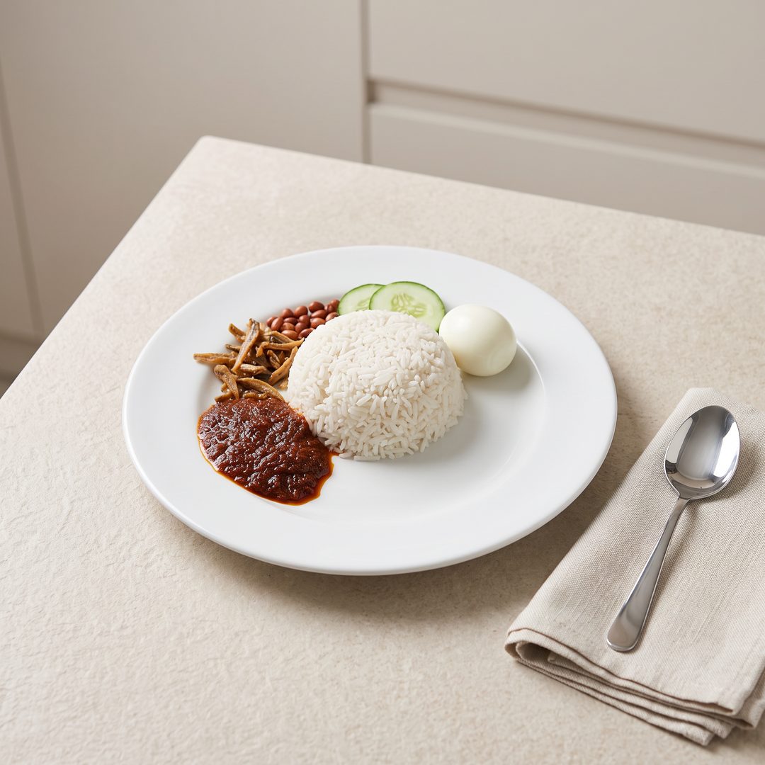 The same nasi lemak dish after Hidangi AI — brighter, sharper, on a clean table