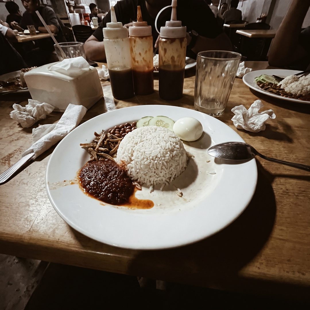 A plain phone snapshot of a nasi lemak dish, before styling